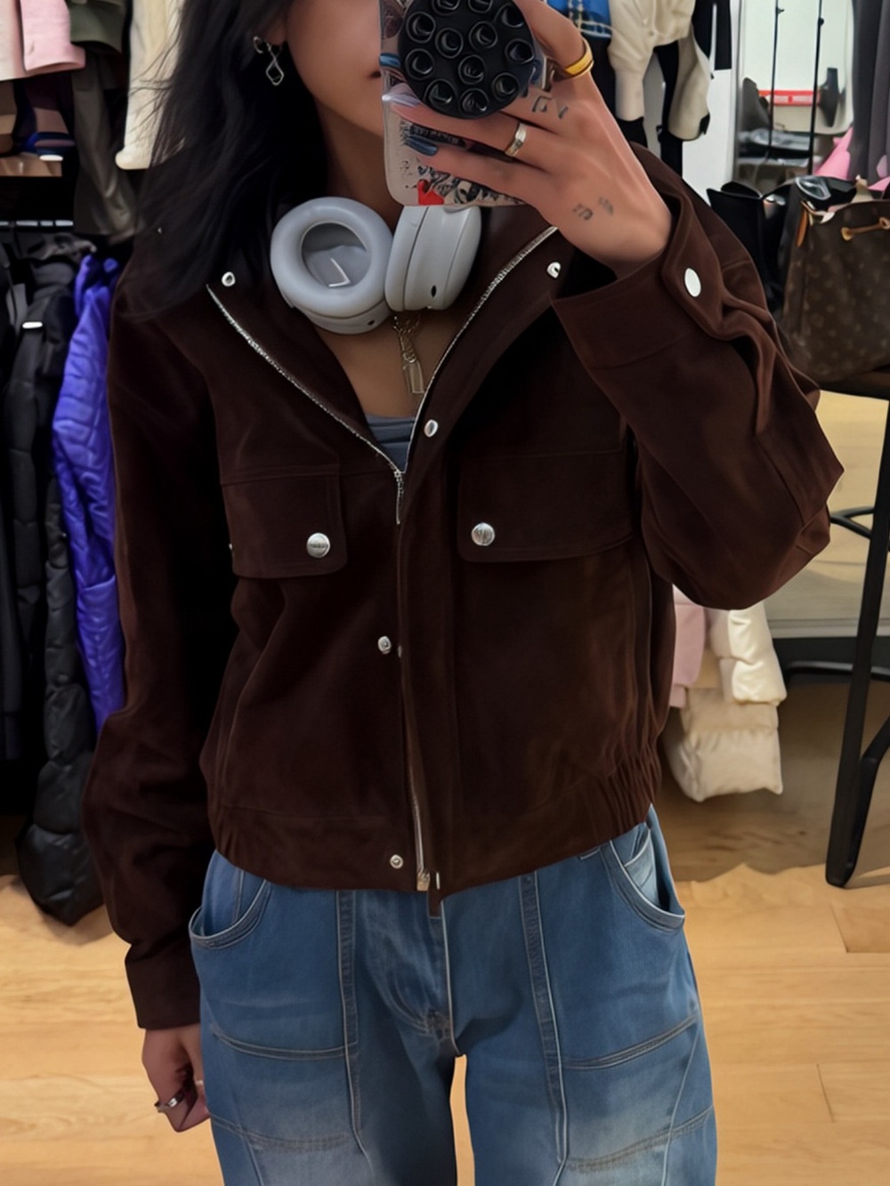 Zara Chocolate Brown Faux Suede Cropped Bomber Jacket XS NWT